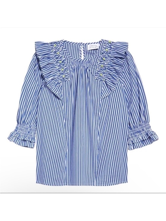 Tanya Taylor Tops - Tanya Taylor Pilar Striped Ruffle-Trim Blouse size 8 Blue White Cotton Blend